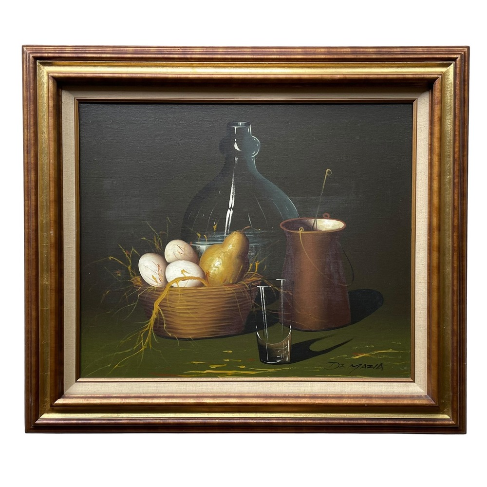 De Mazia Signed Still Life Oil Painting Eggs Pear Bottle Mid Century Framed Art